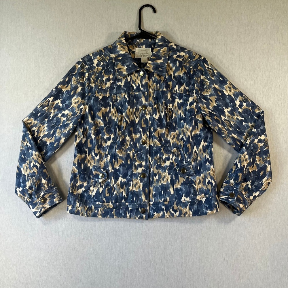 Christopher & Banks Petite Denim Jacket Blue Abstract Ikat Print AOP Stretch